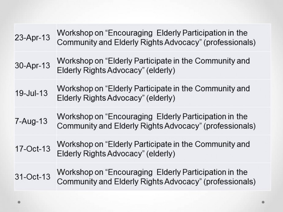 Capacity Building for Elderly Rights Advocacy Groups, Elderly Service Workers and Community Organisers