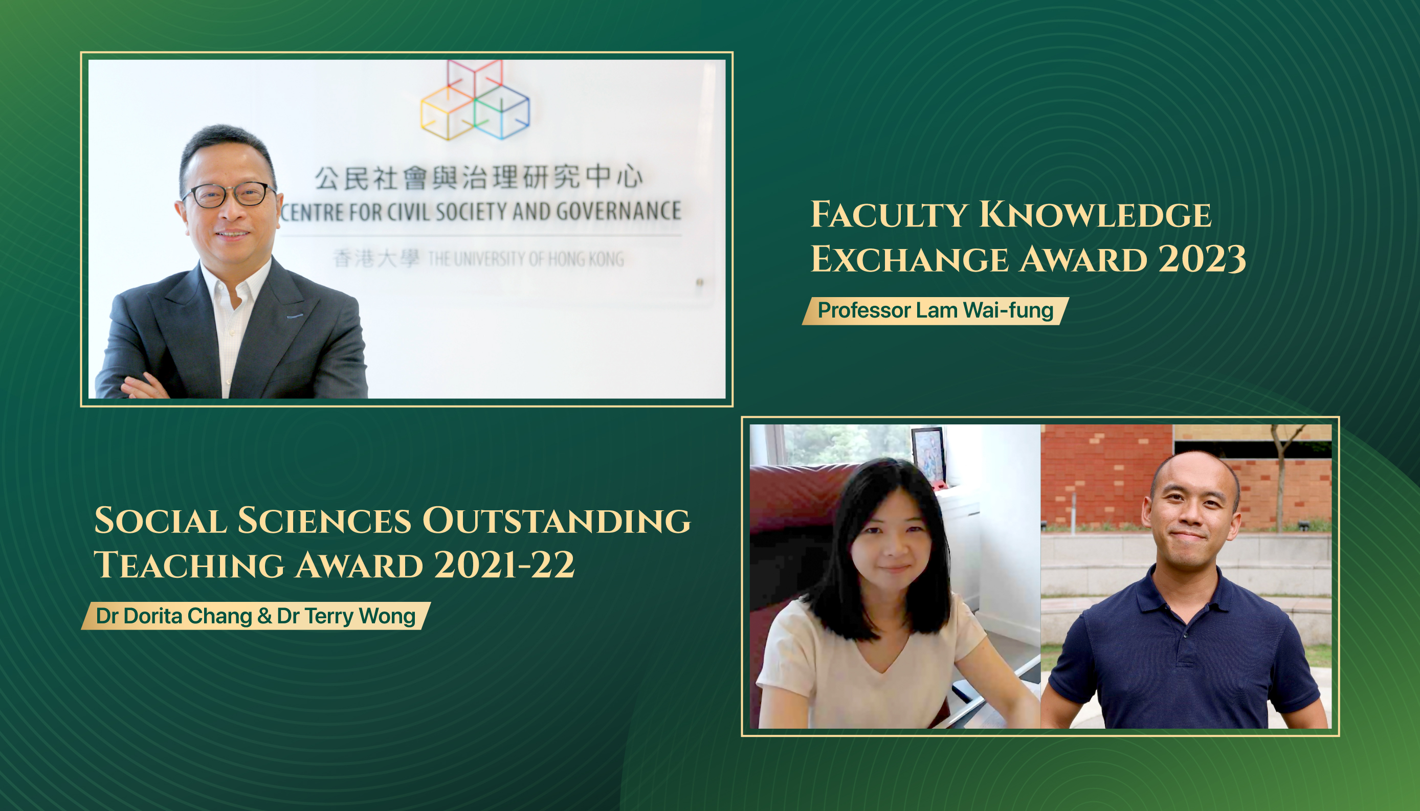 Faculty Knowledge Exchange Award 2023 Professor Lam Wai-fung Social Sciences Outstanding Teaching Award 2021-22 Dr Dorita Chang & Dr Terry Wong